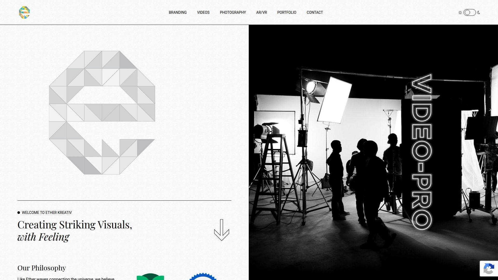Ether Kreativ website homepage proof screen.