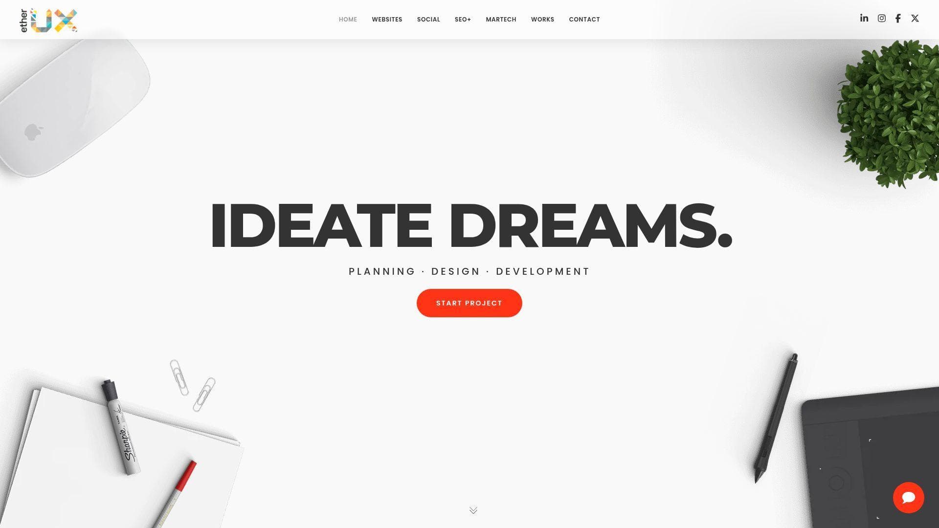 Ether UX website homepage proof screen.
