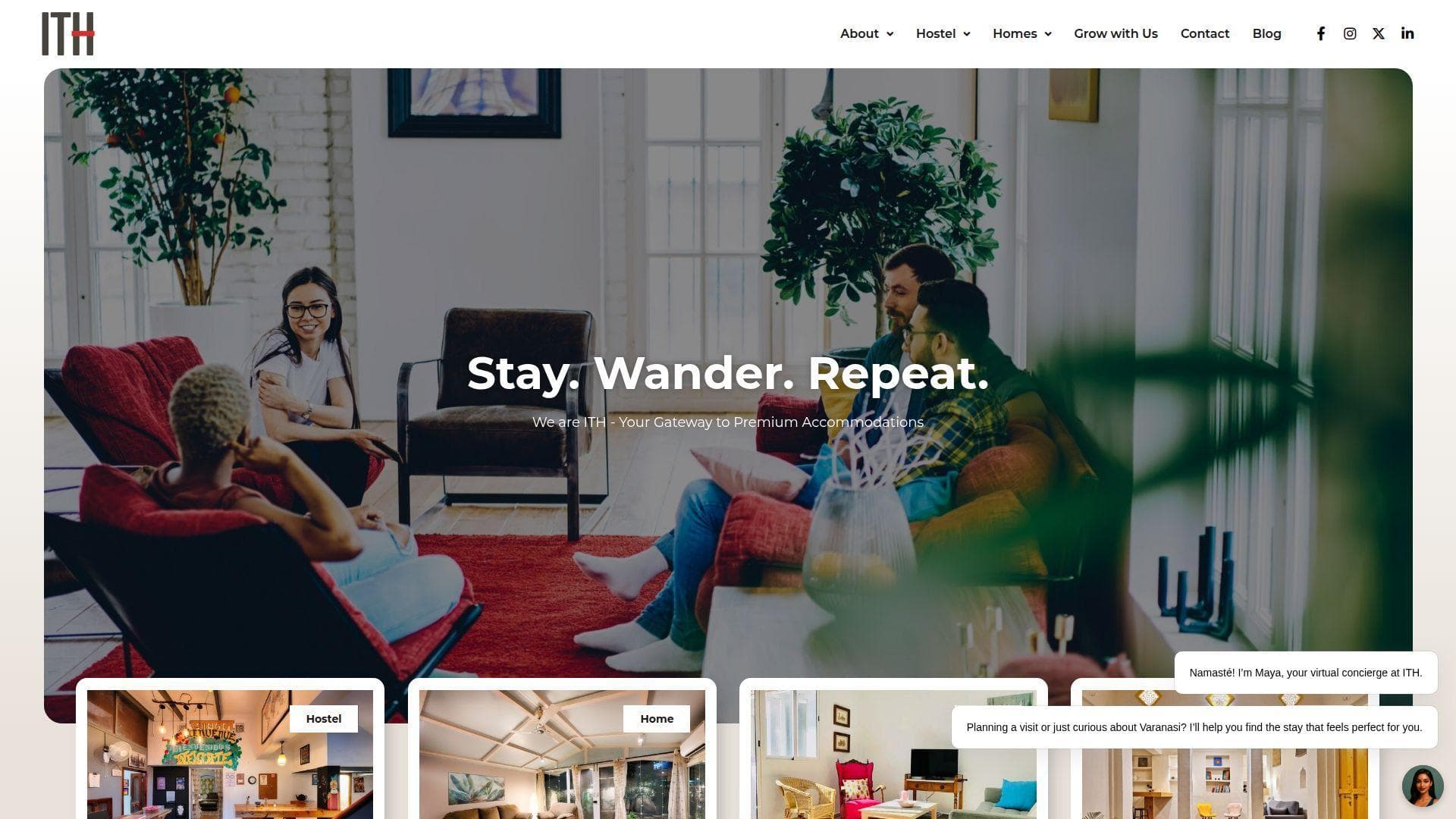 ITH Stays hospitality website homepage proof screen.