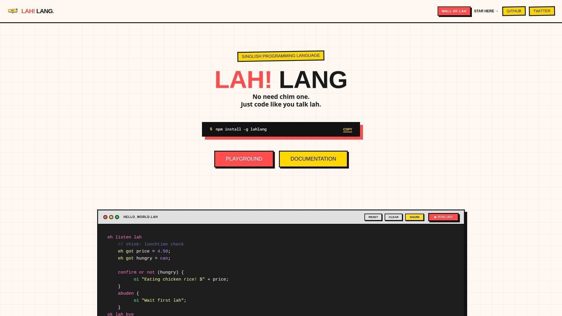 Lahlang programming language website with playground and install command.