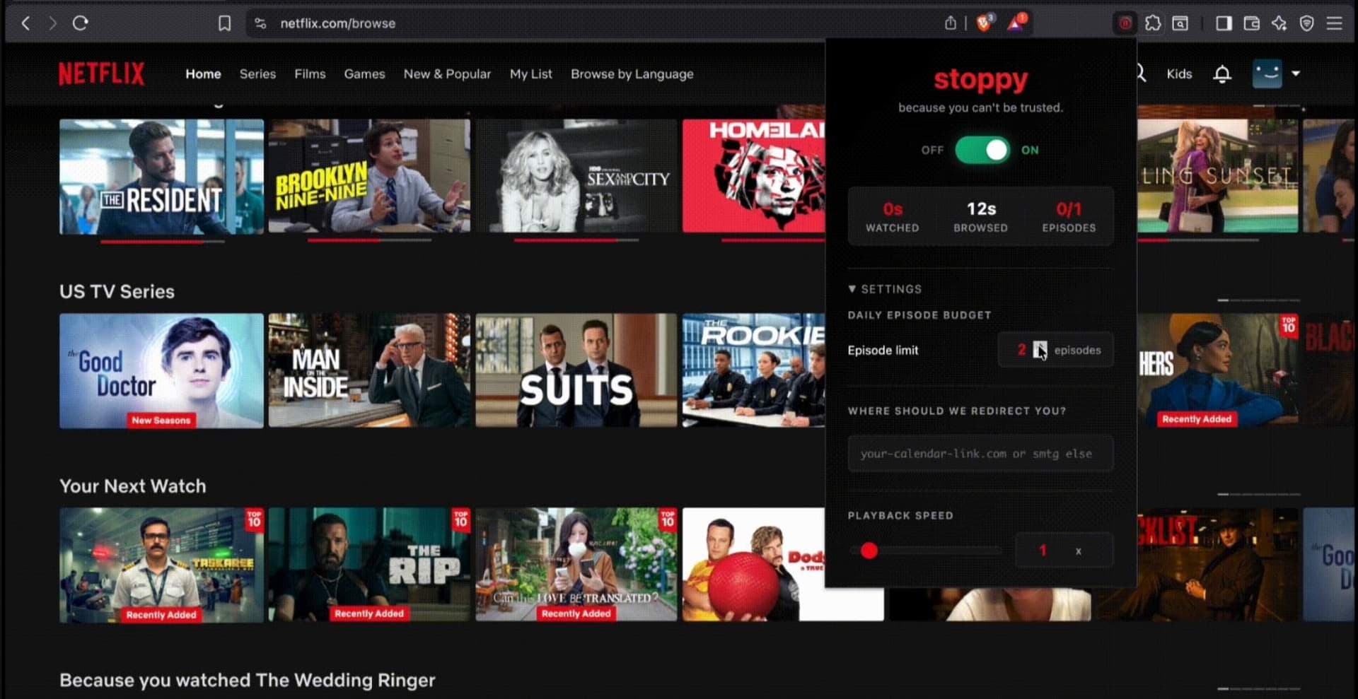 Preview of the Stoppy Chromium extension interface.
