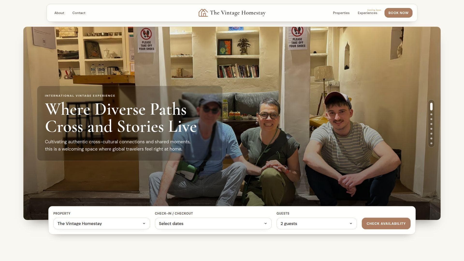 The Vintage Homestay booking website proof screen.